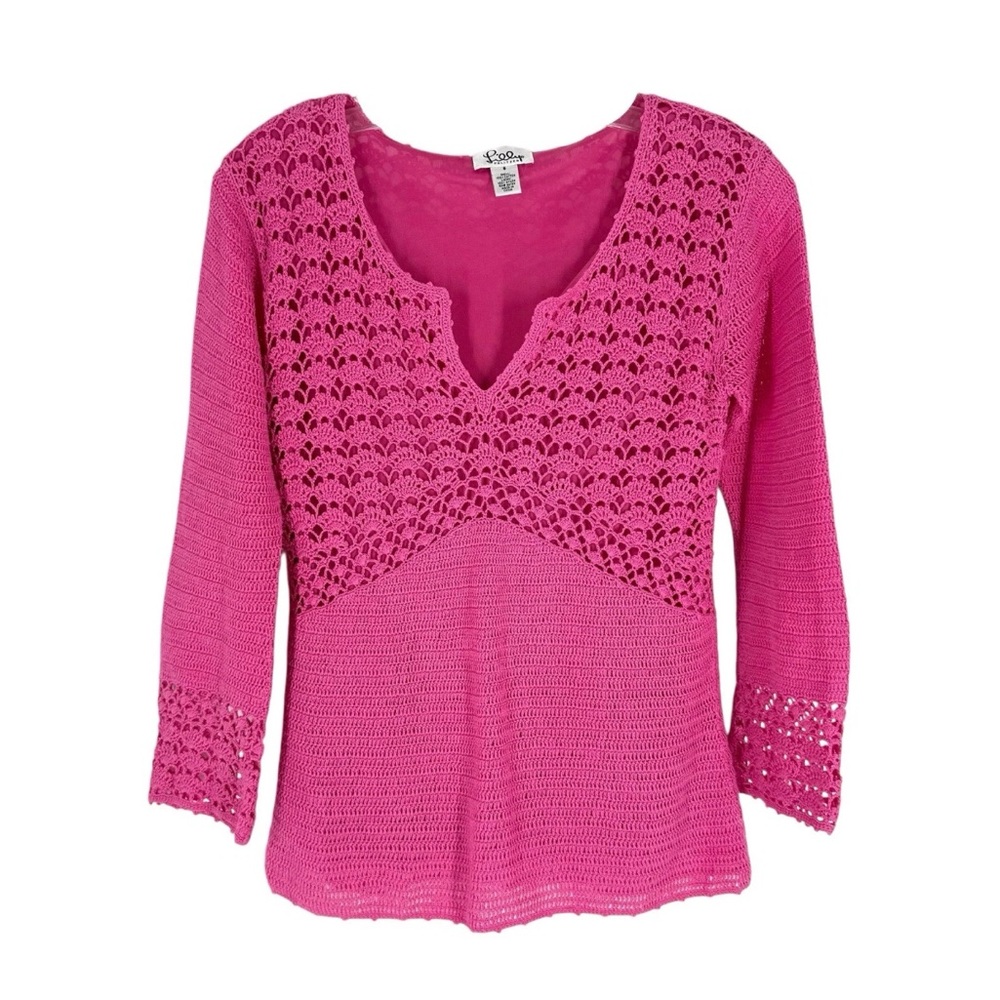 Lilly Pulitzer Crochet Blouse Womens Size Small Pink Cotton Open Knit Lined